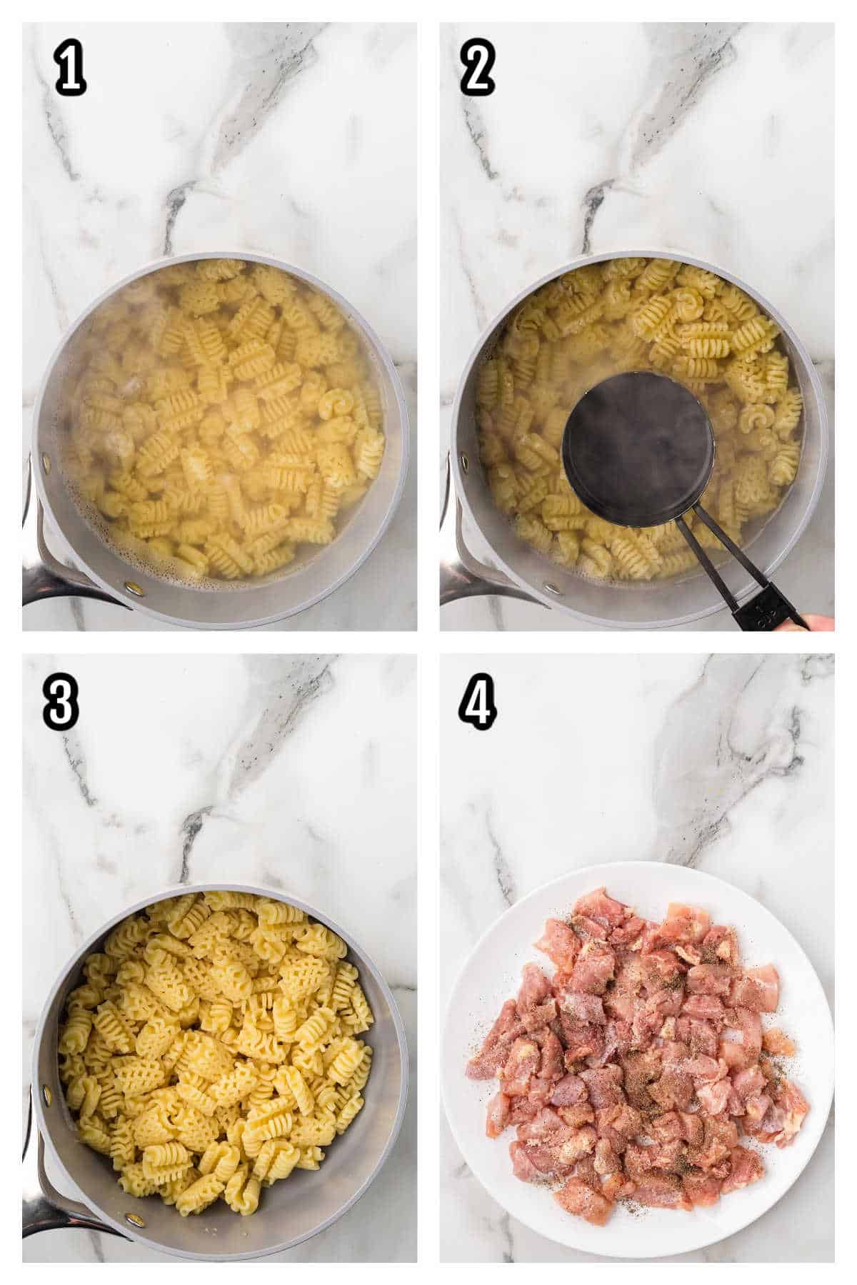A collage featuring the first four steps to making the chicken thighs piccata recipe. 