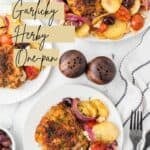 A Pinterest image with a title overlay of the Greek Sheet Pan Chicken Thighs Dinner recipe.