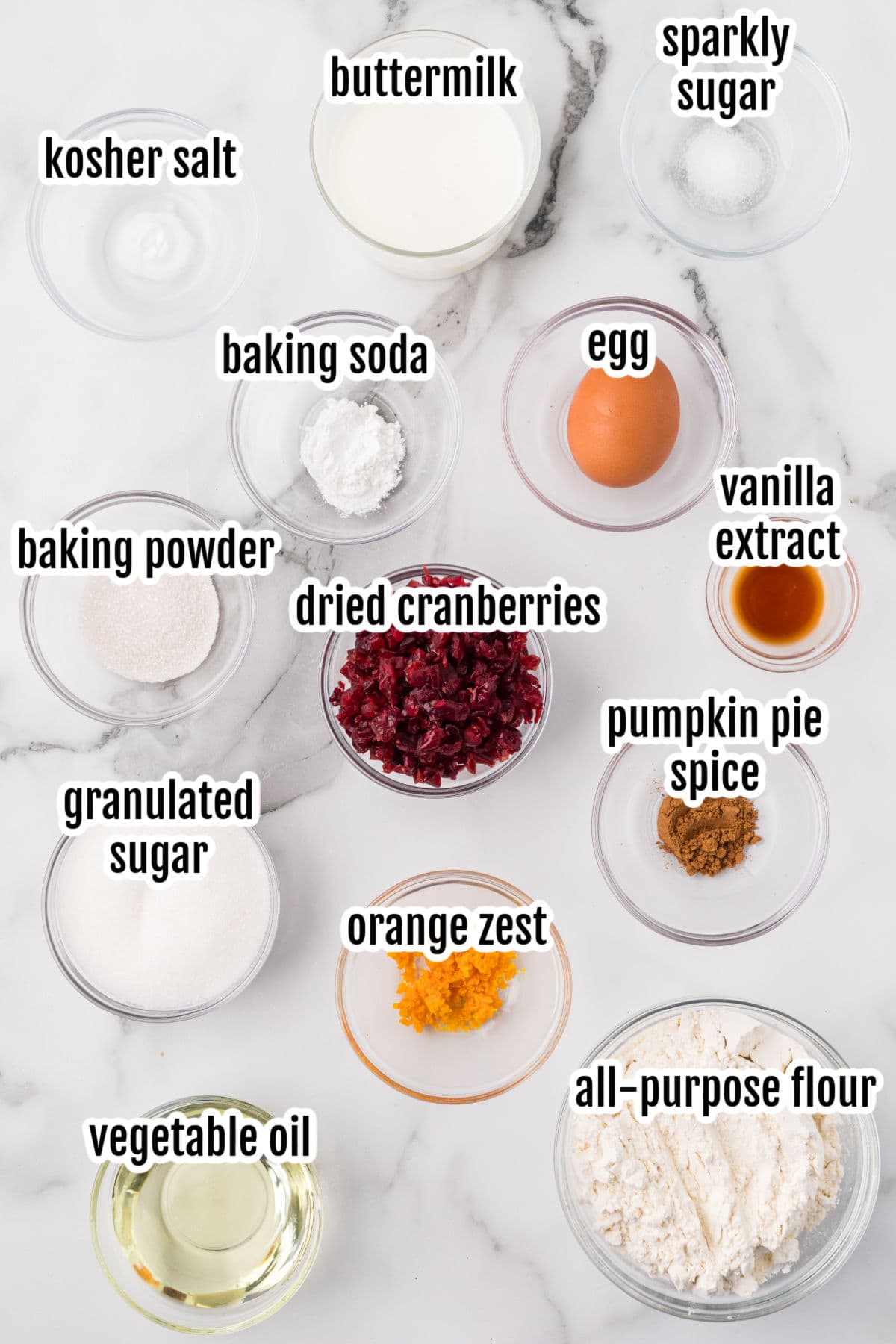 Image of the ingredients needed to make the orange cranberry muffin recipe.