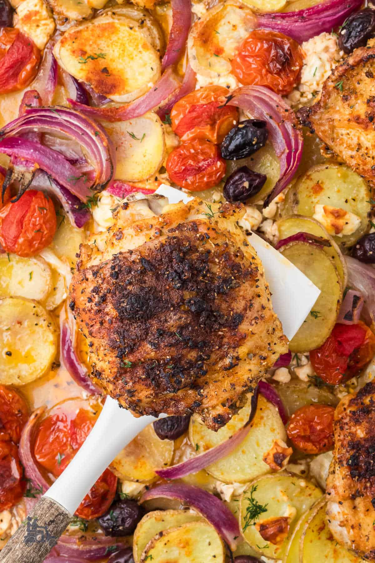 A spatula holds a roasted chicken thigh made with Greek seasonings and vegetables. 