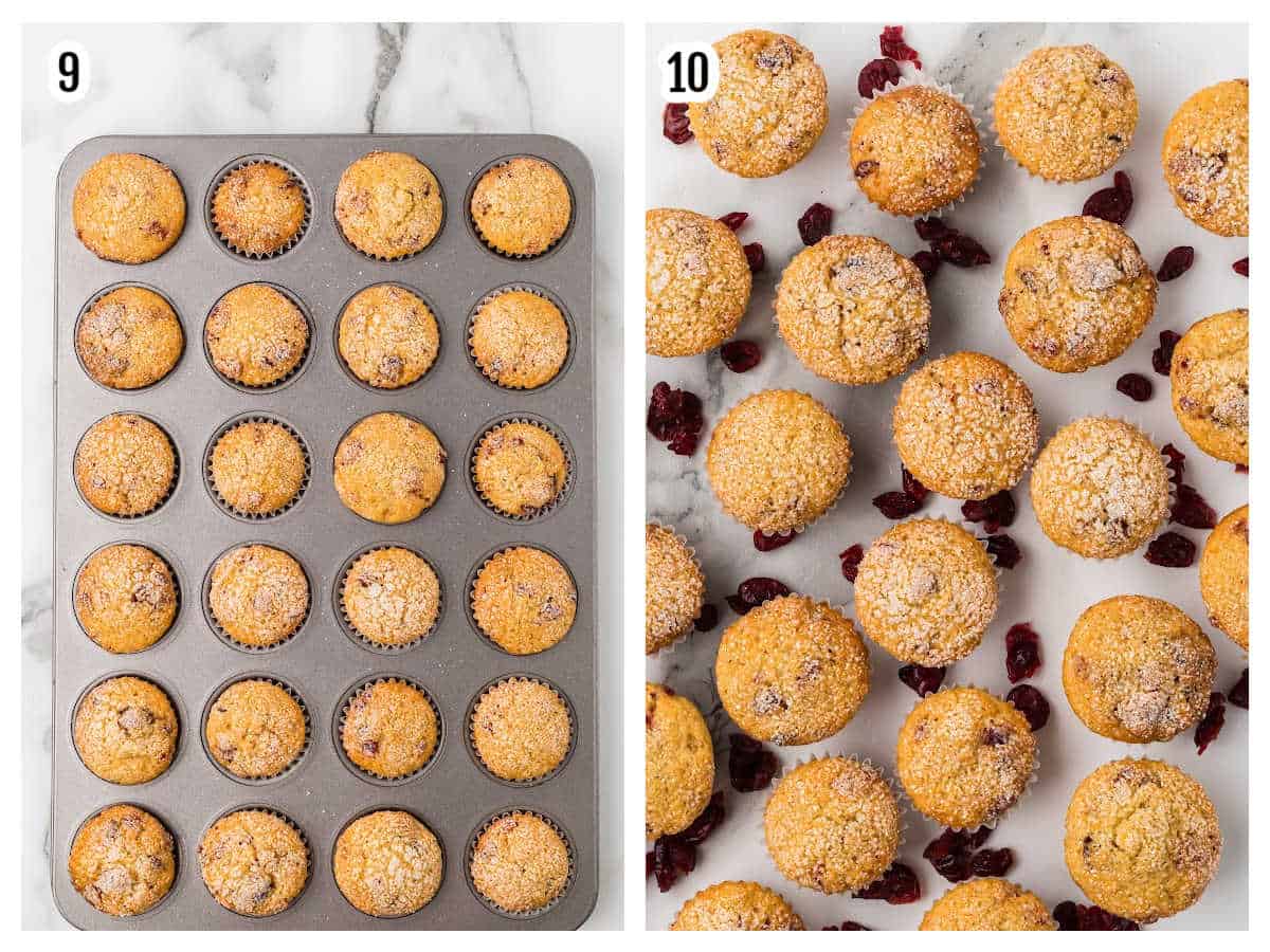 A collage featuring steps nine and ten of the final steps for the cranberry orange muffins recipe.