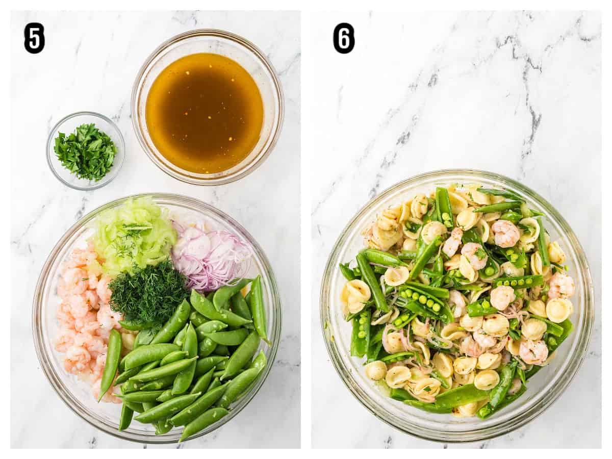 This collage showcases the final two steps in preparing the sugar snap peas, shrimp, and lemon-herb pasta salad.