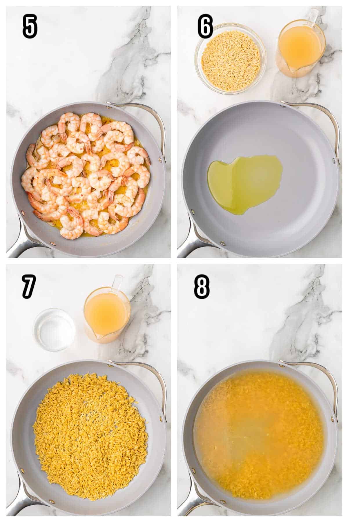 The second collage shows steps five through eight, showing how to make lemon tarragon shrimp scampi with orzo pasta. 