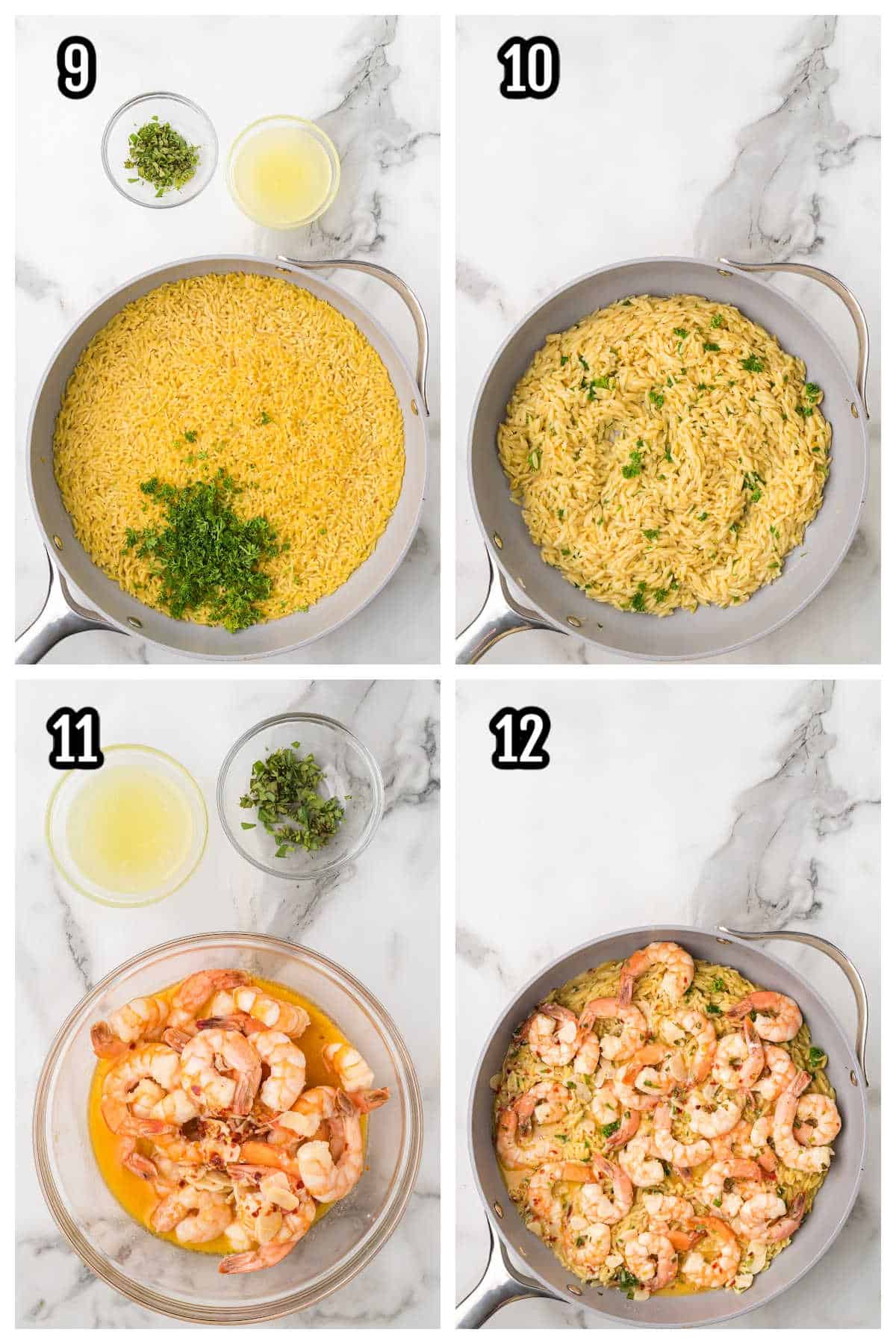 A collage features steps 9 through 12 of the Tarragon Shrimp Scampi Pasta recipe. 