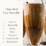 A Pinterest image with a title overlay features a glass of creamy espresso banana smoothie with the recipe written on the side of the pin.