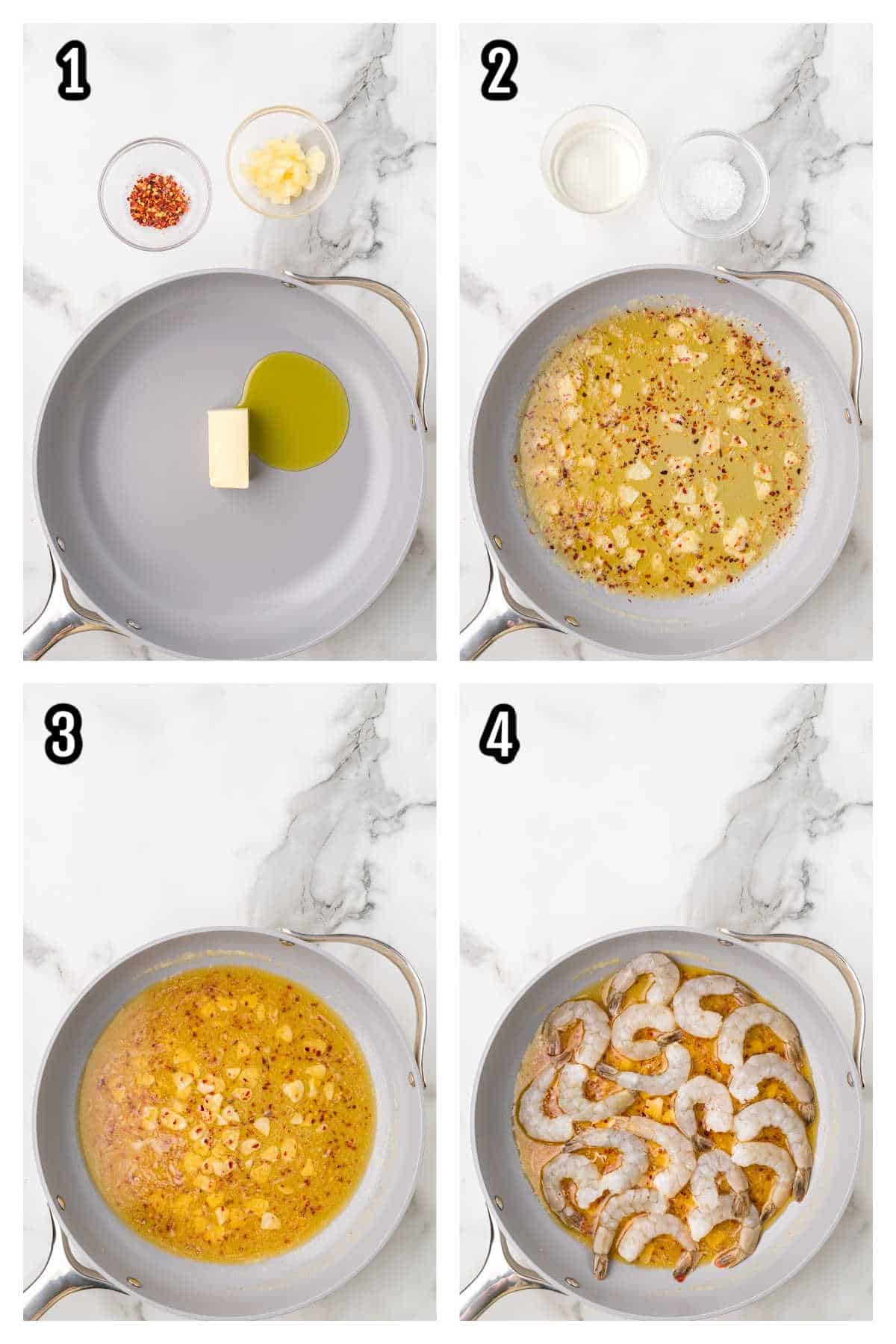 A collage featuring the first four steps to making the easy seafood pasta recipe with tarragon and lemon.