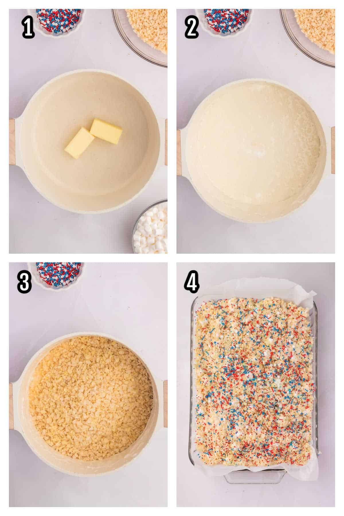 A collage featuring the first four steps to making the recipe with Rice Krispies into Patriotic bars.