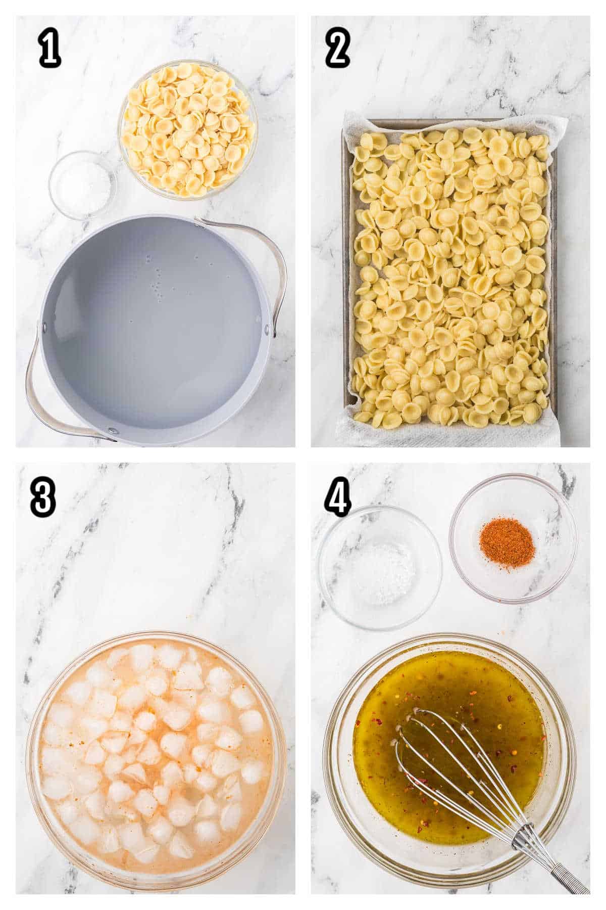 A collage featuring the first four steps to making the cold shrimp pasta salad with lemon and herbs.