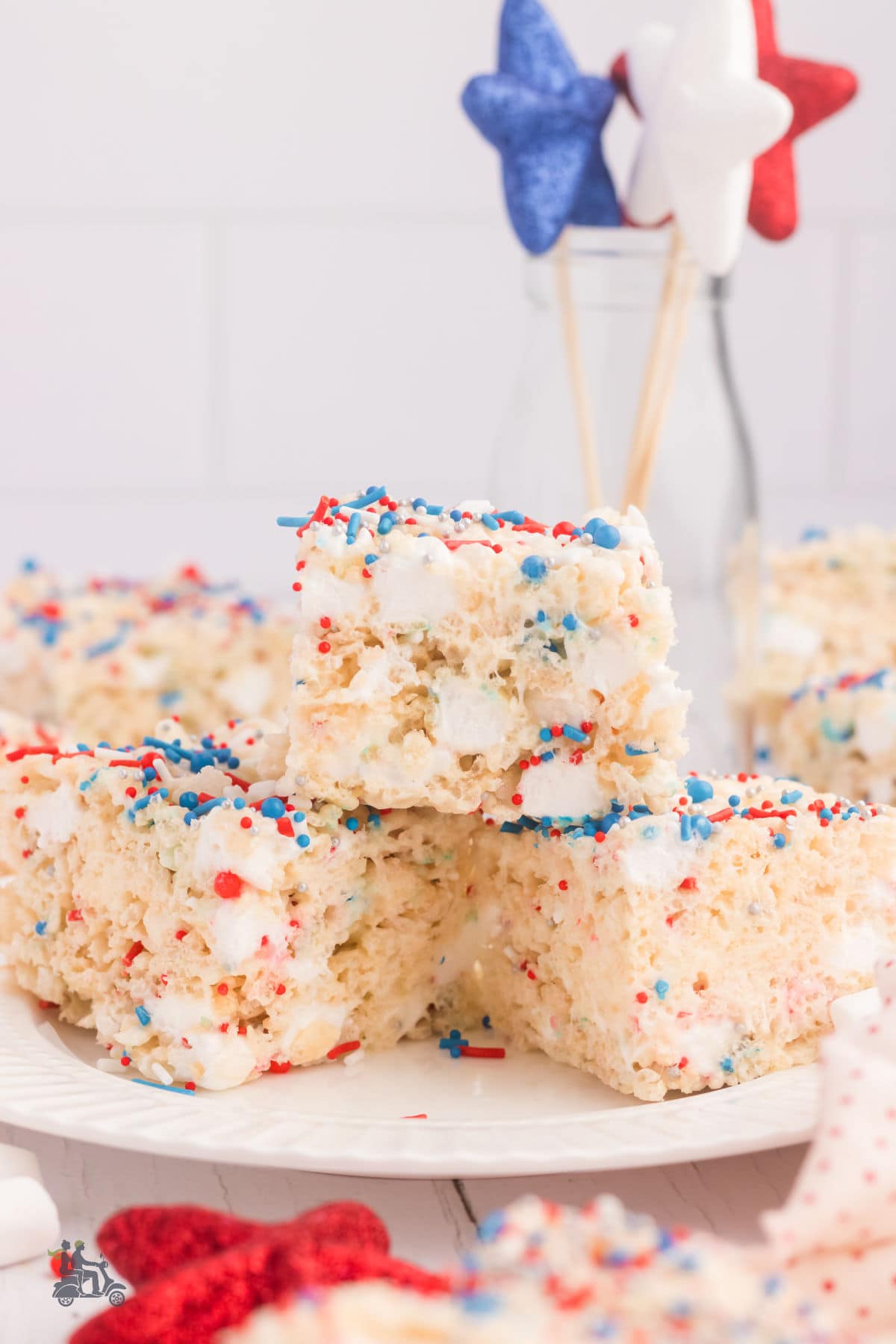 Rice Krispies made into holiday treats with a Patriotic theme of red, white, and blue.