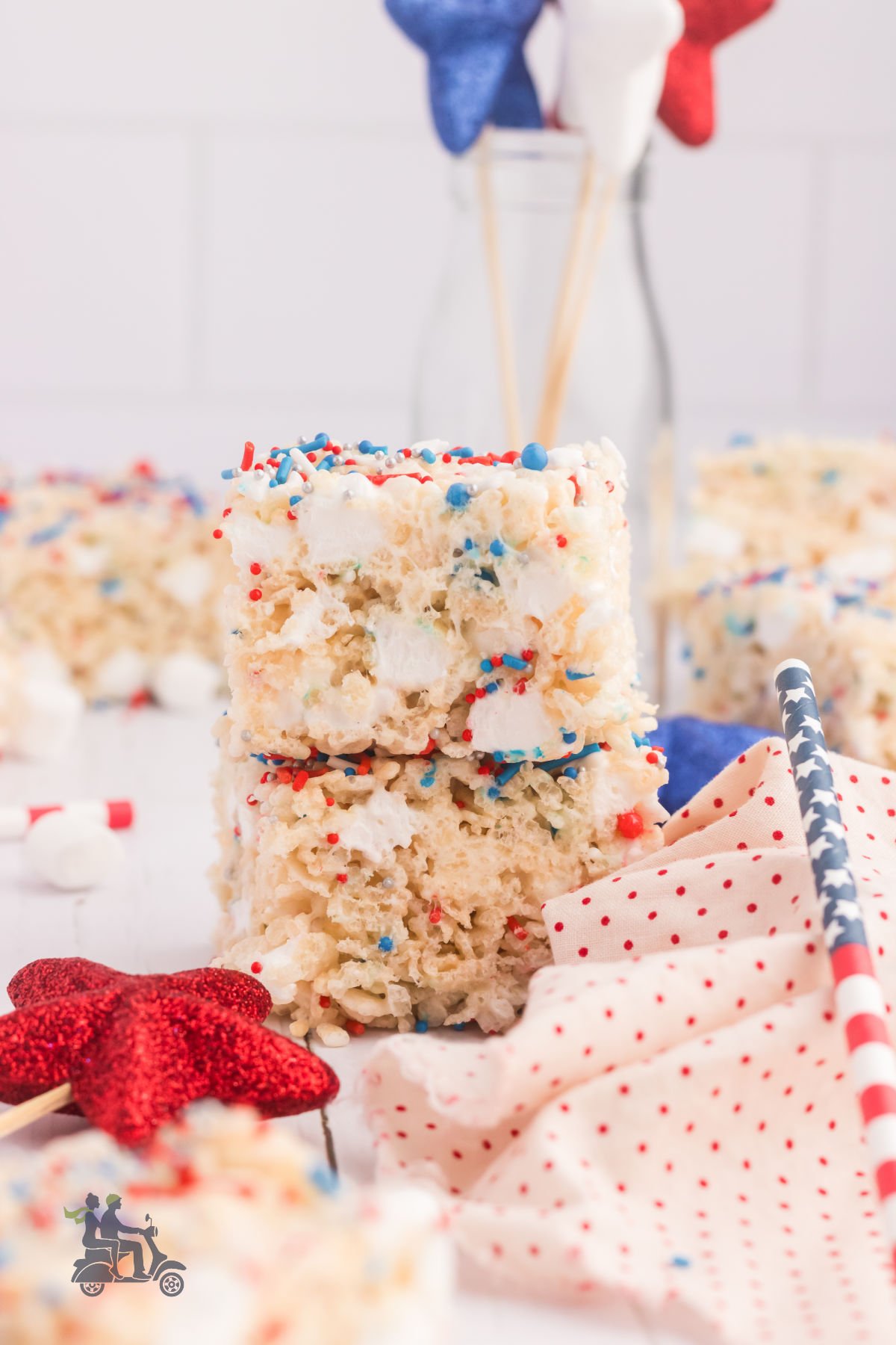 No-Bake kid-friendly treats made with Rice Krispies and topped with red, white, and blue sprinkles.