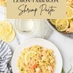 One-pan lemon tarragon shrimp scampi with orzo pasta on a white dish for a Pinterest pin with a title overlay.