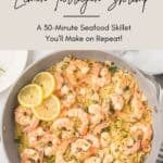 A Pinterest share pin with a title overlay for the Lemon Tarragon Shrimp Scampi with Orzo recipe.