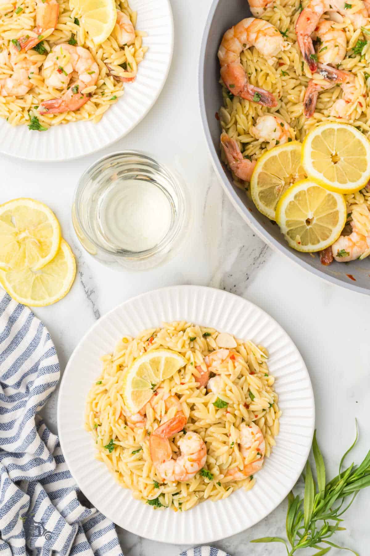 Mediterranean-inspired shrimp pasta with herbs and orzo on a white dish. 