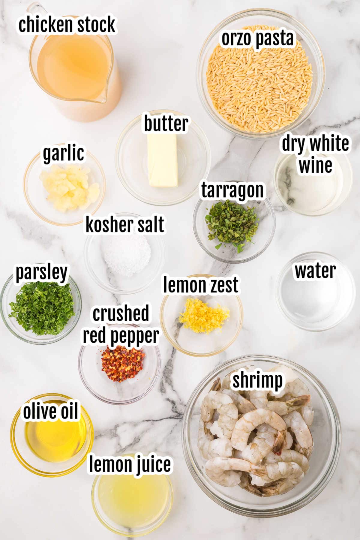 The ingredients needed to make the shrimp scampi recipe with orzo and fresh lemon zest. 