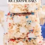 A Pinterest long share pin with a title overlay of the kid-friendly Patriotic snacks made with Rice Krispies cereal.