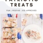 A Pinterest Share pin with a title overlay features two photos of the Fireworks party Rice Krispies Treats for all patriotic and summer celebrations.