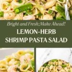 A Pinterest collage shows three images of a cold shrimp pasta salad with a southern twist. The title is overlaid on the collage.