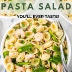 A Pinterest pin image with a title overlay for the Best Shrimp Pasta Salad Recipe.