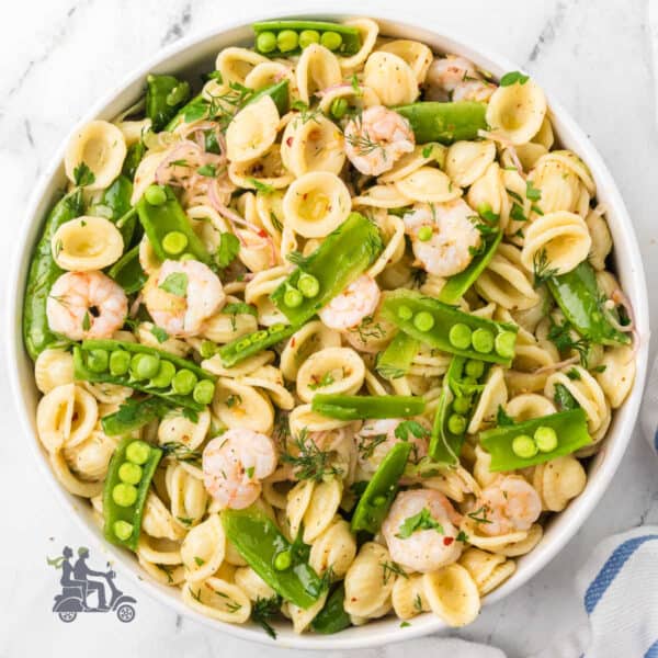 Southern-style shrimp pasta salad with orecchiette pasta, snow peas, and lemon vinaigrette dressing.