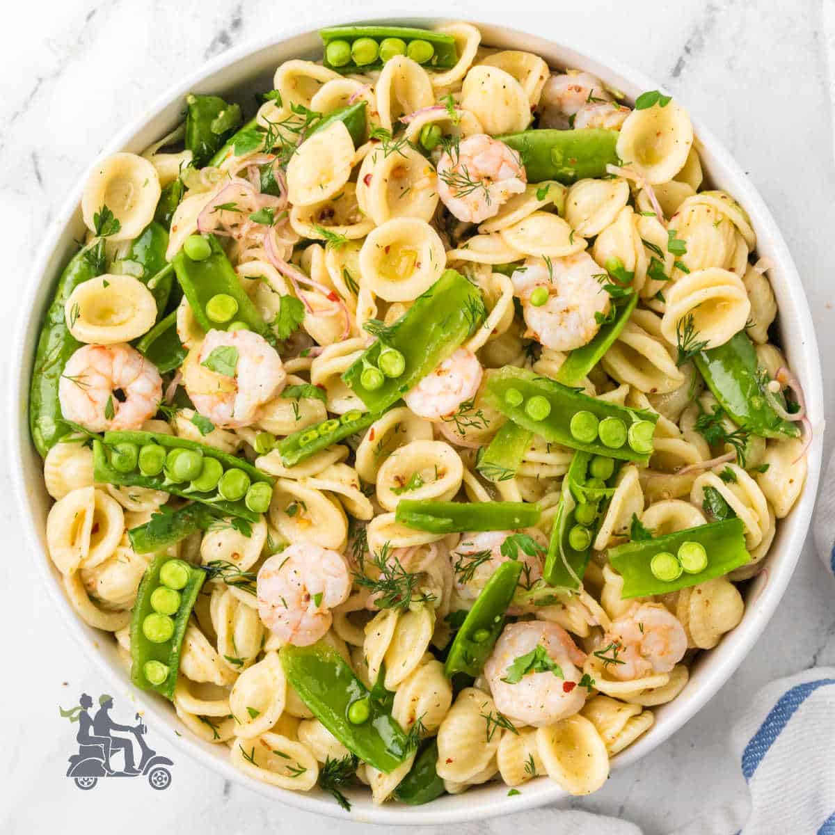 Southern-style shrimp pasta salad with orecchiette pasta, snow peas, and lemon vinaigrette dressing.