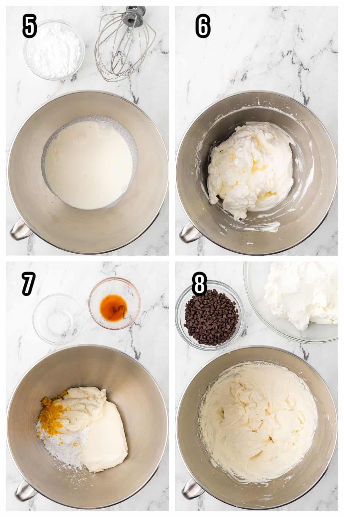 Steps five through are featured on this collage for the ricotta cream chocolate dessert. 
