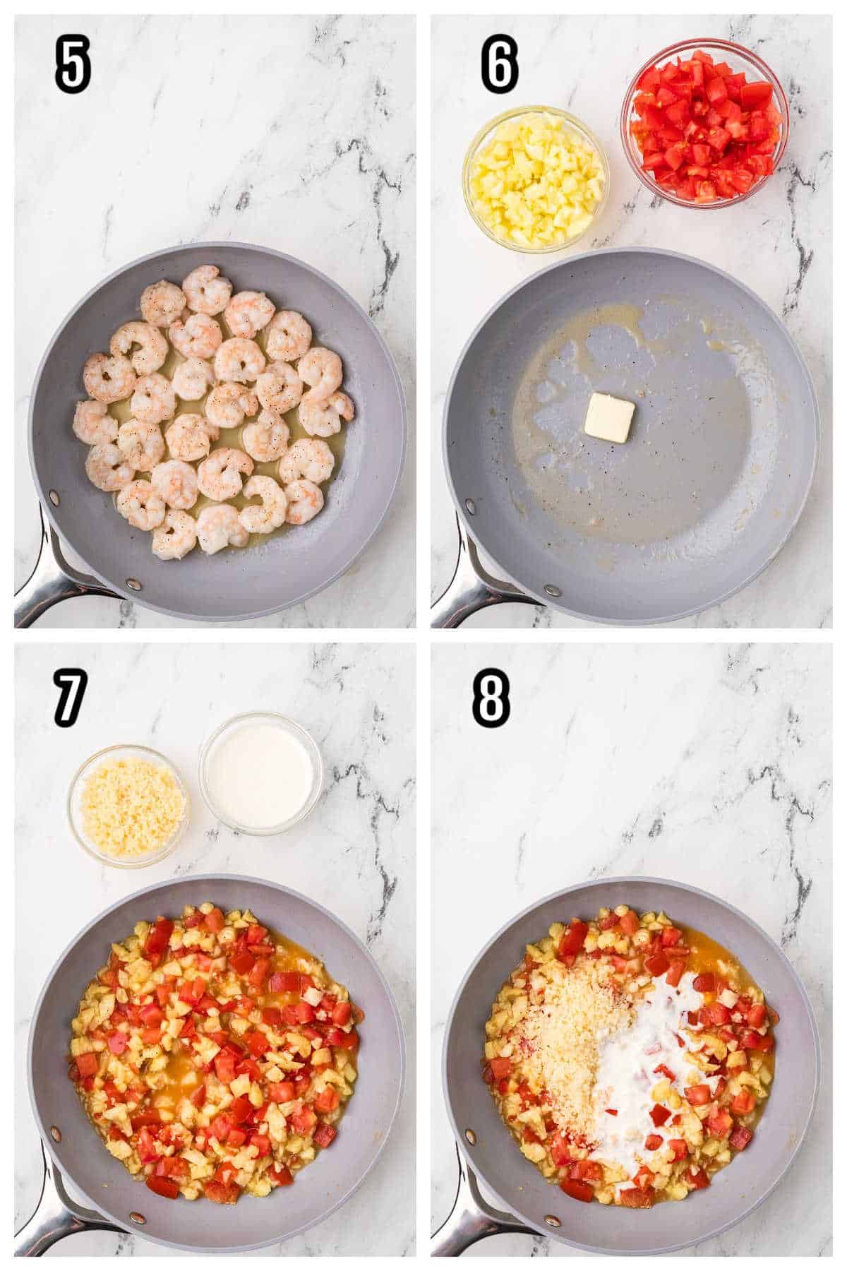 A Collage features steps five through eight for the Shrimp Zucchini Boats recipe.