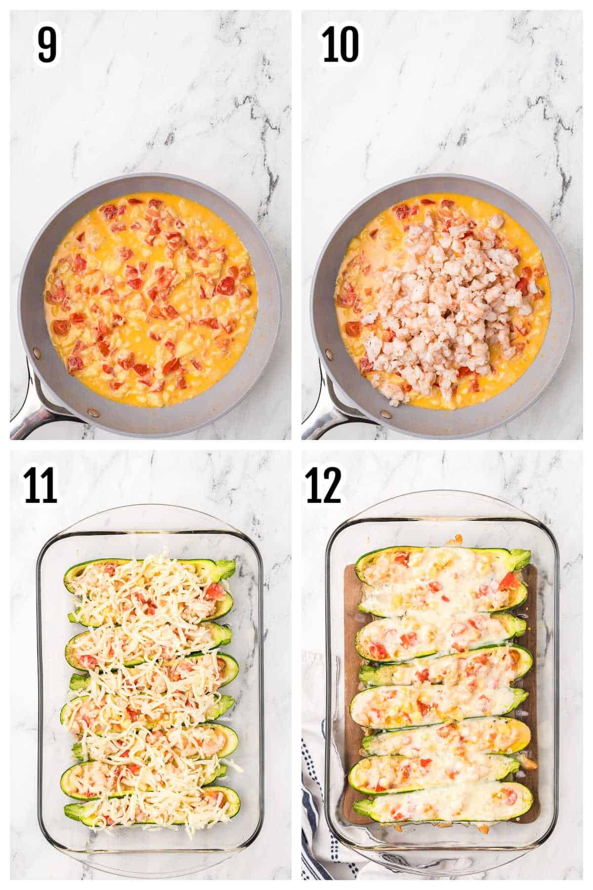 An image collage features steps nine through twelve of the recipe for Zucchini Boats Stuffed with Cheesy Shrimp.