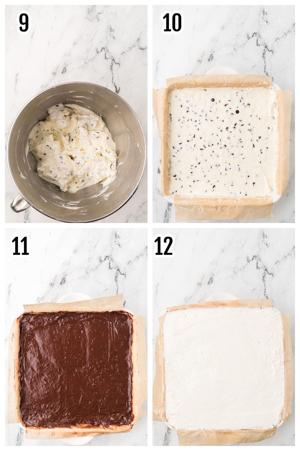 A collage featuring steps nine through twelve for the Cannoli Chocolate Lasagna Delight dessert. 