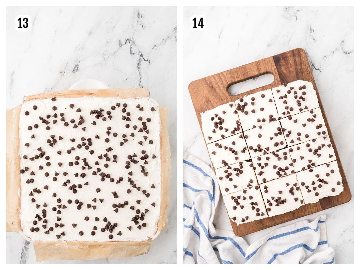 A collage features the final two steps to making the no-bake chocolate refrigerator dessert. 