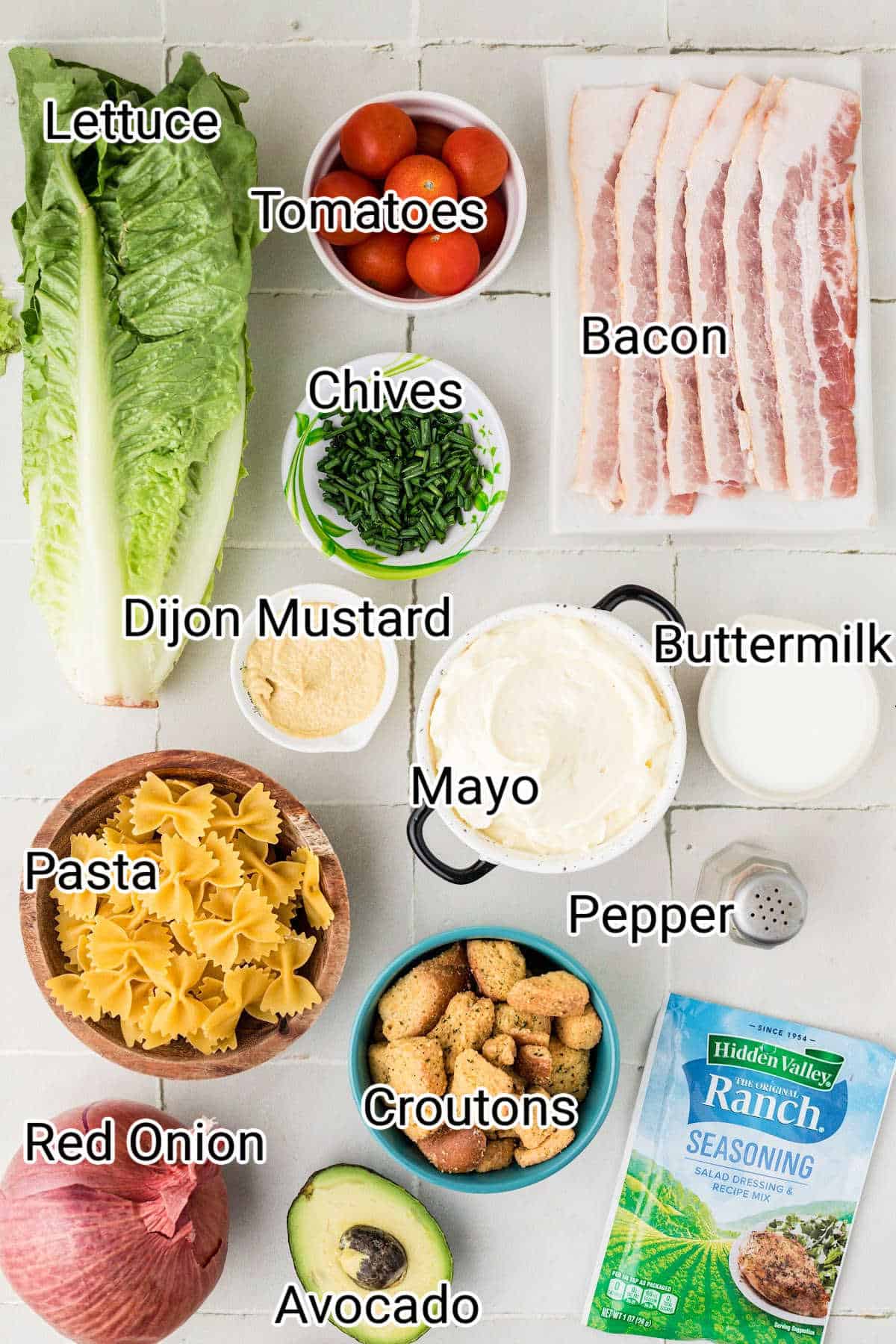 Image of the ingredients needed to make the BLT Farfalle pasta salad. 