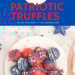 Long Pinterest pin with title overlay for the patriotic truffles made with crush oreo cookies and and cream cheese.