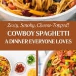 A Pinterest pin collage with a title overlay features three images of the cowboy pasta dinner.