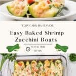 A Pinterest share image with a title overlay featuring zucchini boats stuffed with a creamy shrimp filling.