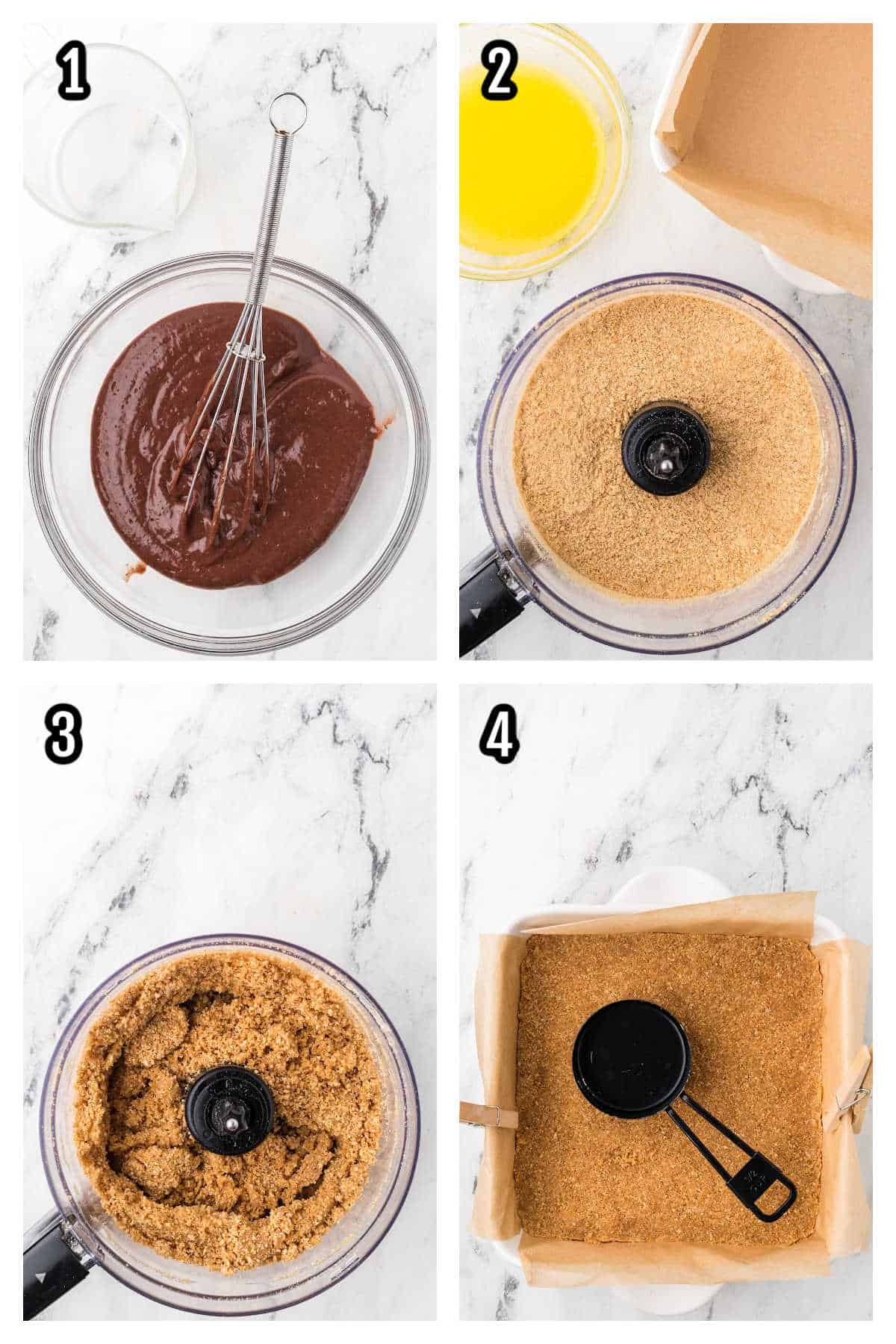 A collage with steps one through four for the Chocolate Lasagna recipe. 