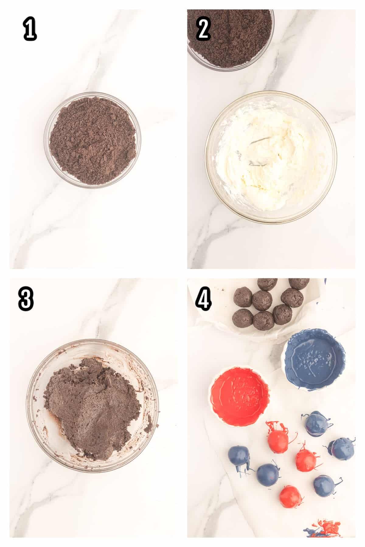Collage of the first four steps to making the easy no-bake festive red, white, and blue patriotic truffle candy.