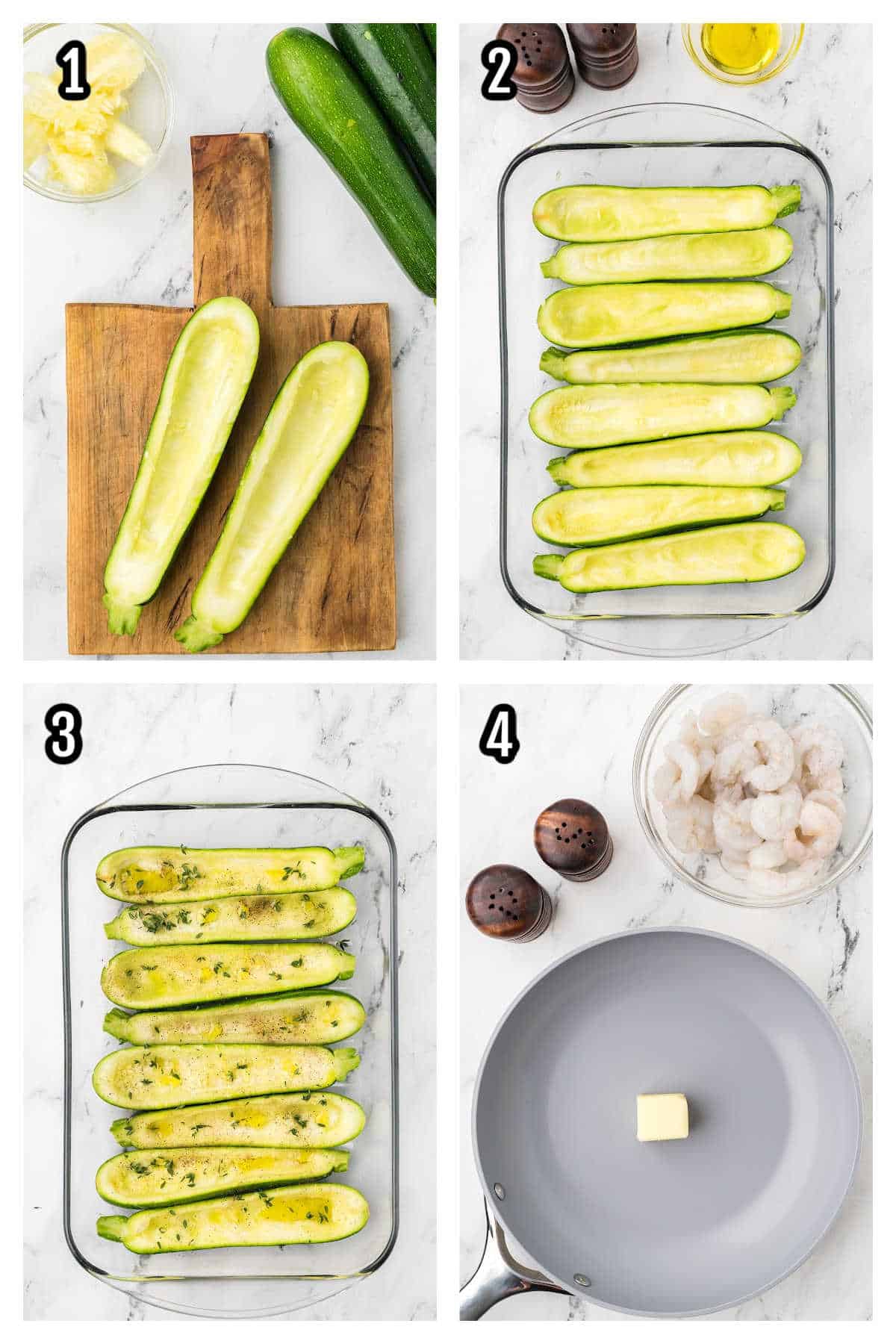 The first four steps to making the stuffed zucchini with shrimp recipe.