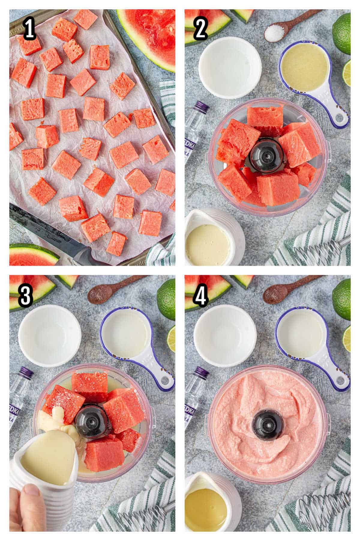 A collage features the first four steps to making the no-churn watermelon ice cream.