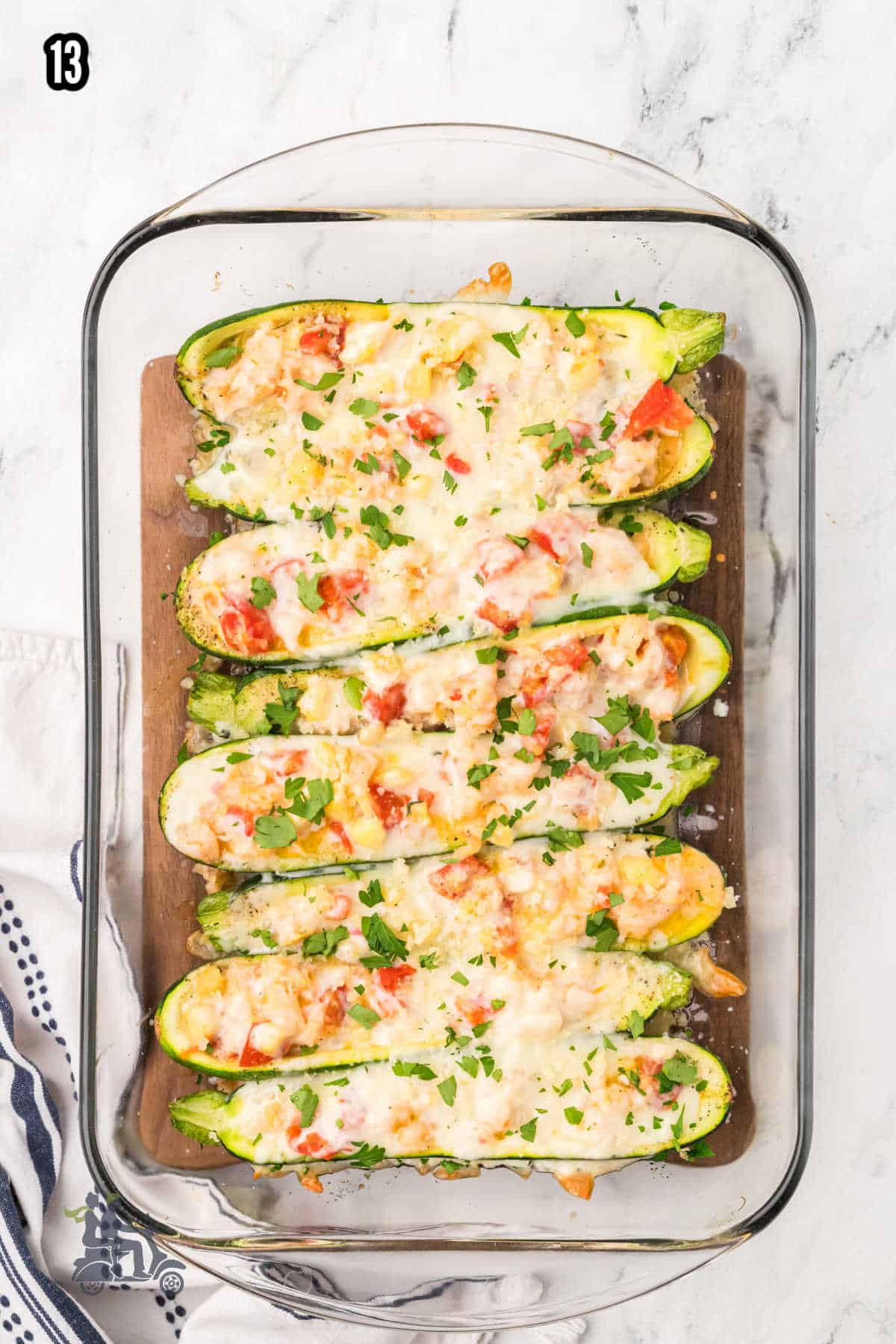 Image of the final step to preparing the shrimp and zucchini dinner.