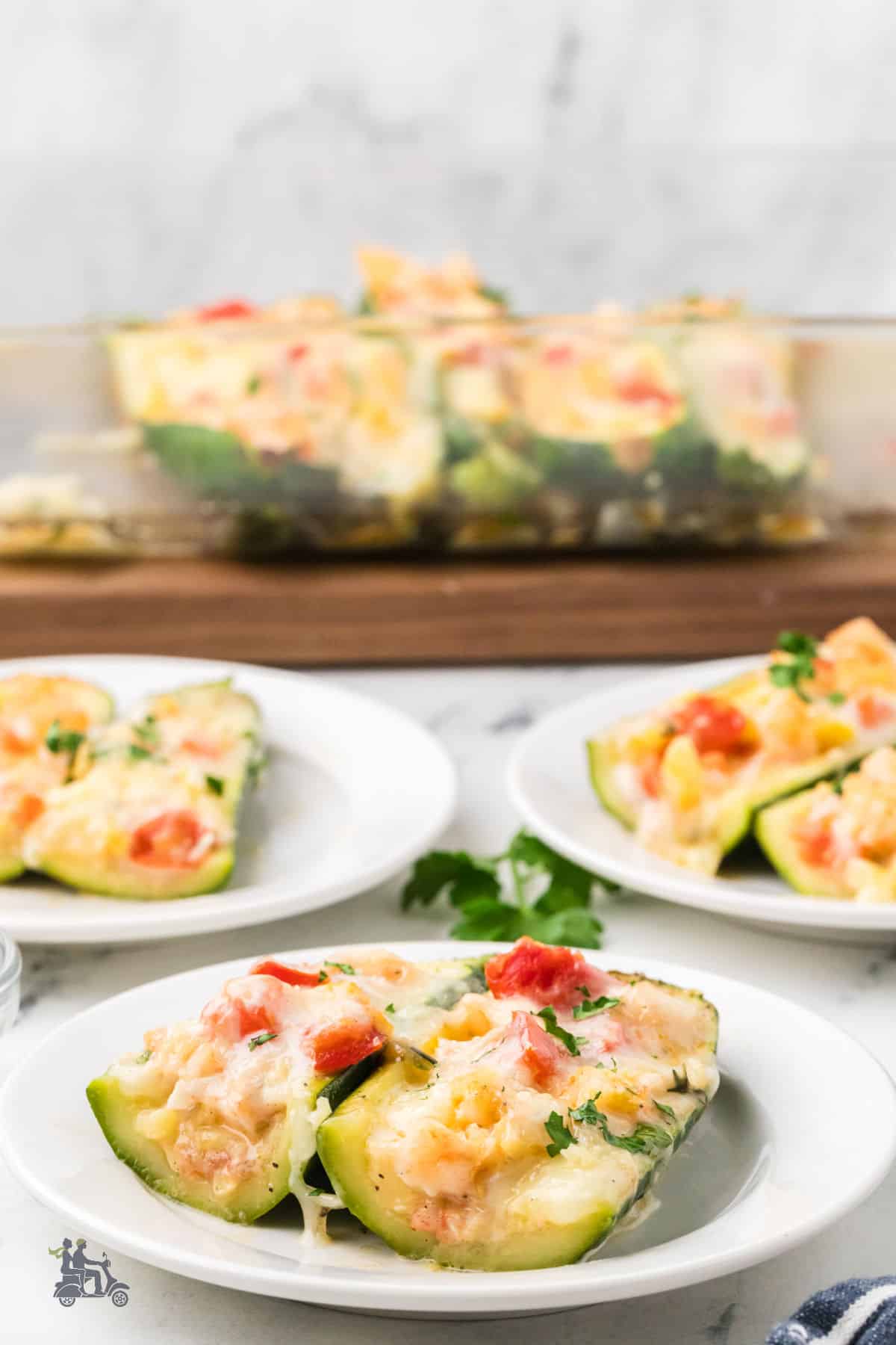 Shrimp zucchini boats in creamy scampi-style sauce.