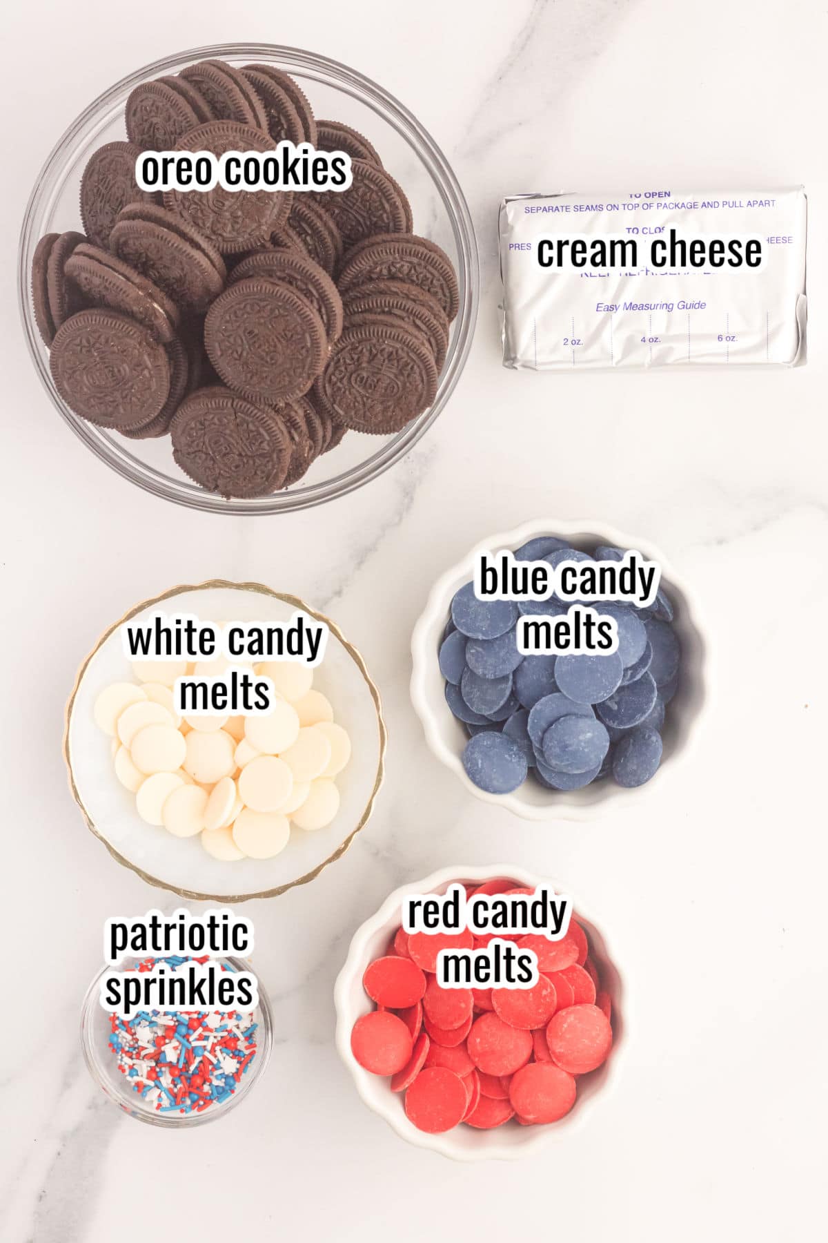 Ingredients needed to make the oreo candy balls for a patriotic holiday.