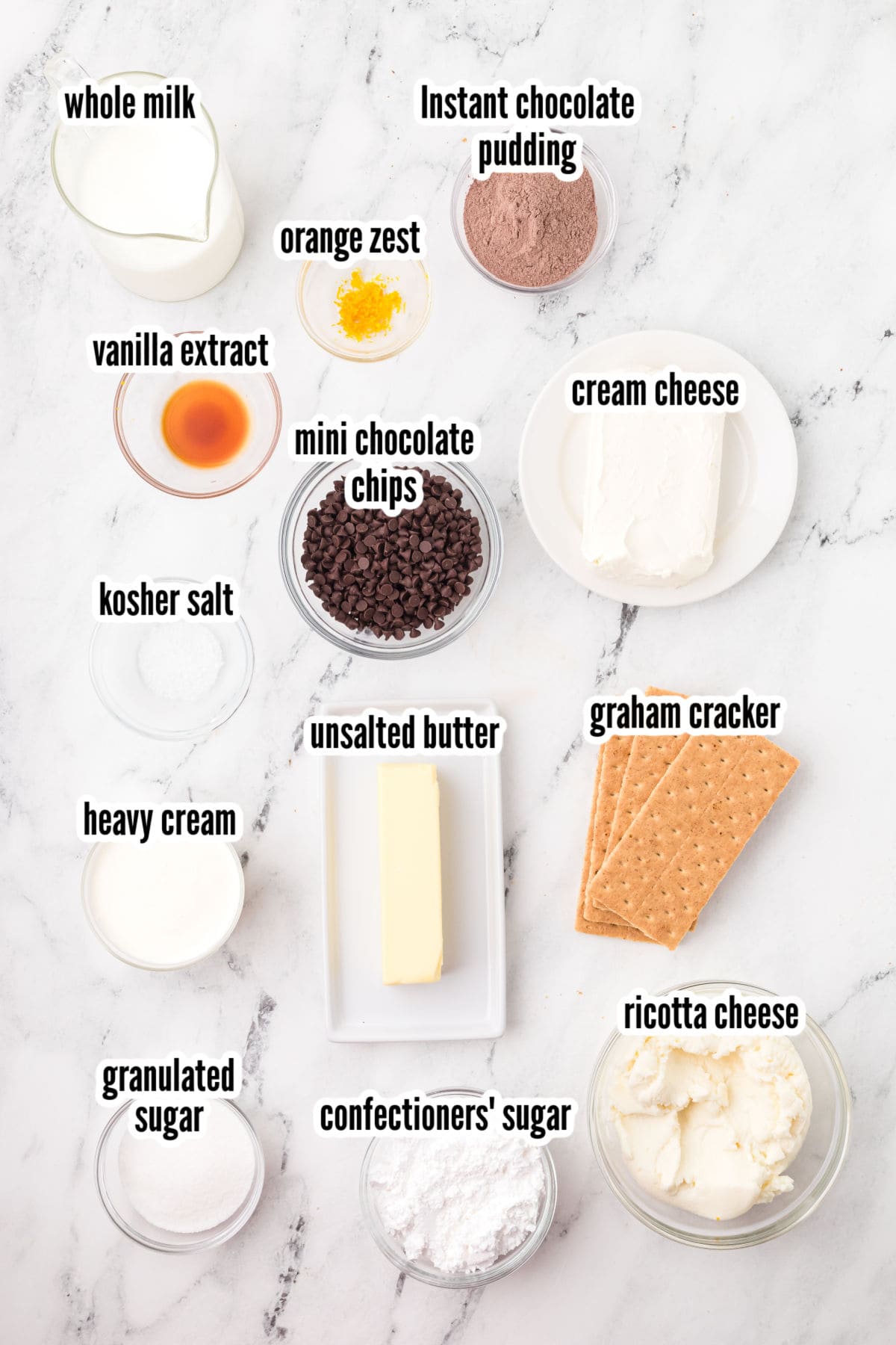 An image of the ingredients needed to make the creamy, chocolatey cannoli delight dessert recipe. 