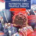 A Pinterest share pin with title overlay for the festive no-bake red, white, and blue oreo truffle balls.