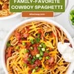 A Pinterest Pin image with a title overlay features a bowl of pasta made Western-style with beans, hamburger, and bacon.