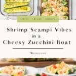 A three-photo Pinterest collage with a title overlay features a family-friendly shrimp and zucchini dinner recipe made with stuffed zucchini.