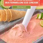A Pinterest pin with a title overlay features the frozen Watermelon ice cream in a loaf pan with an scoop in the ice cream.