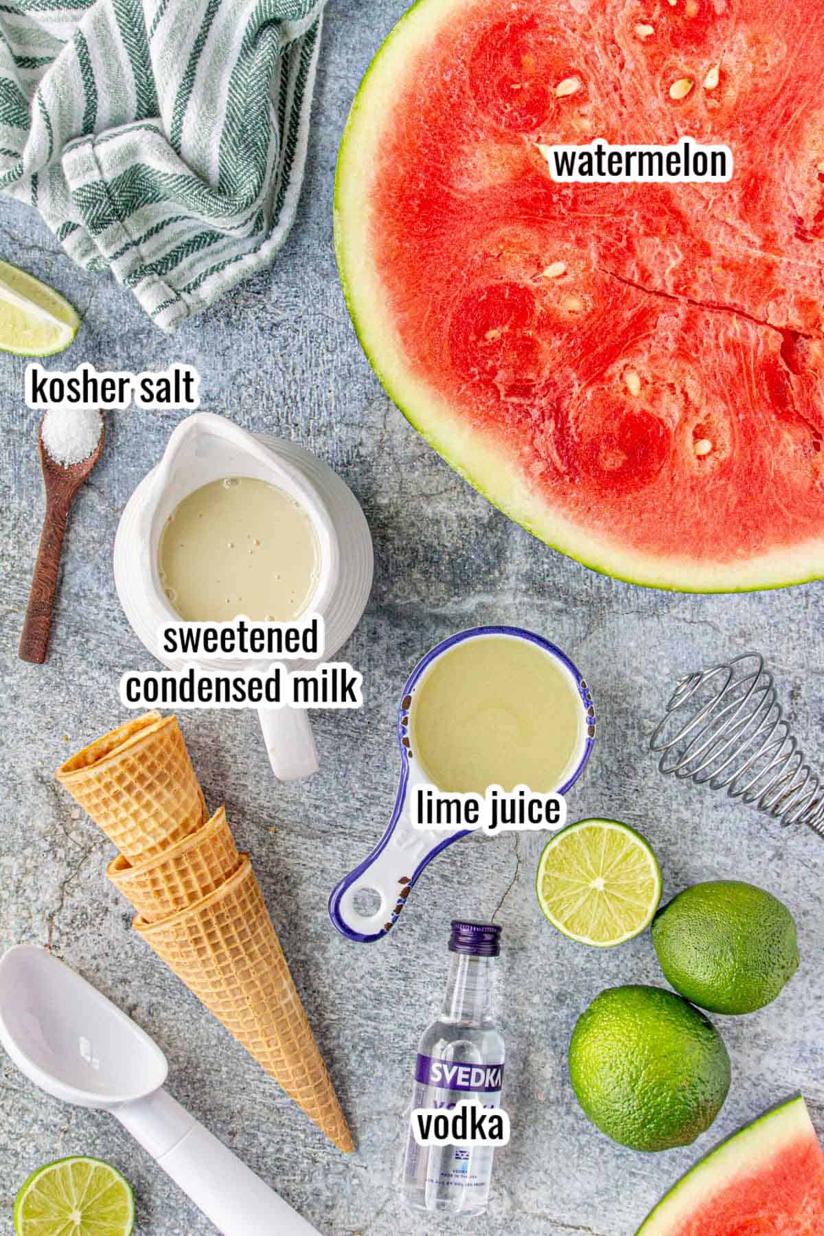 The ingredients needed to make the watermelon ice cream dessert.