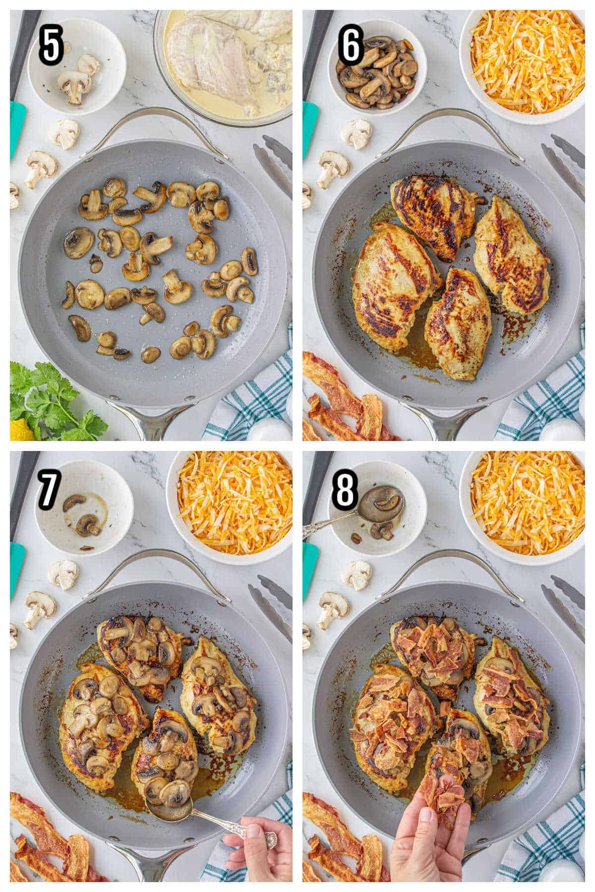 A collage featuring steps five through eight for the chicken breast with honey mustard sauce recipe. 