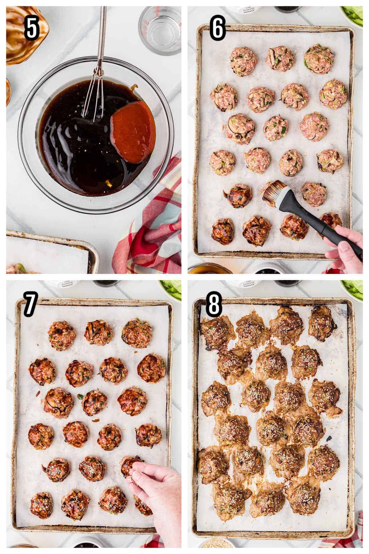 A collage featuring steps five through eight for the Asian pork meatball recipe. 