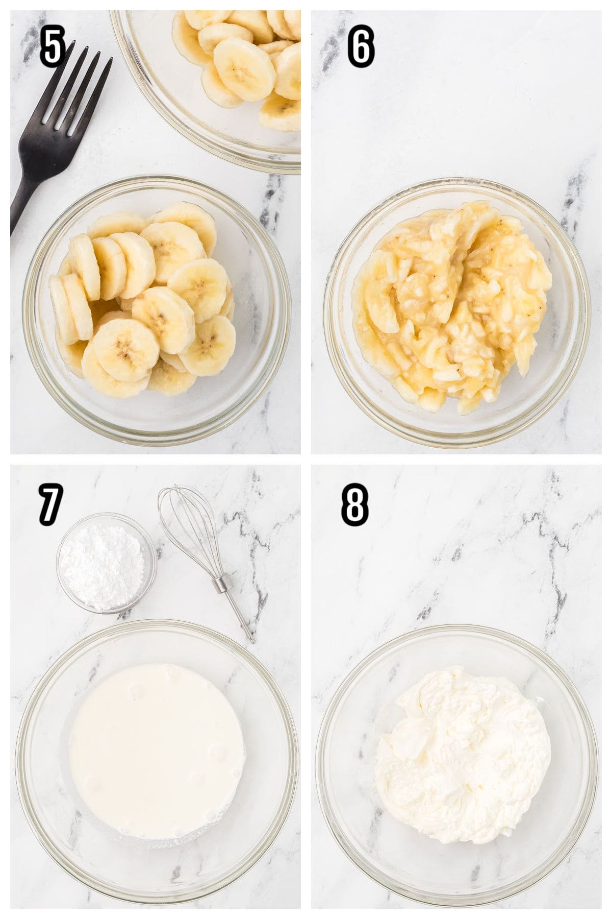 An image collage featuring steps five through eight on how to make the banana pudding dessert with marshmallows and pecans. 