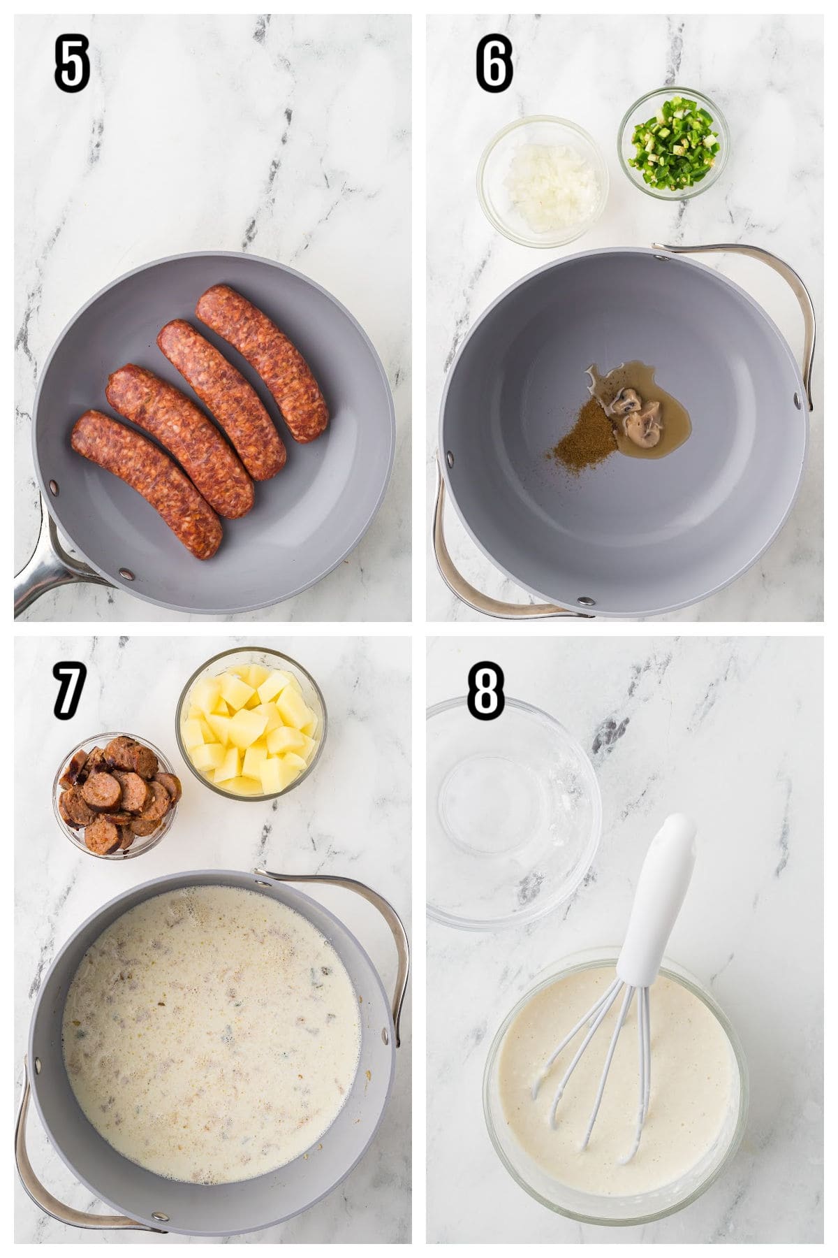 A collage featuring steps five through eight for the homemade corn chowder recipe. 